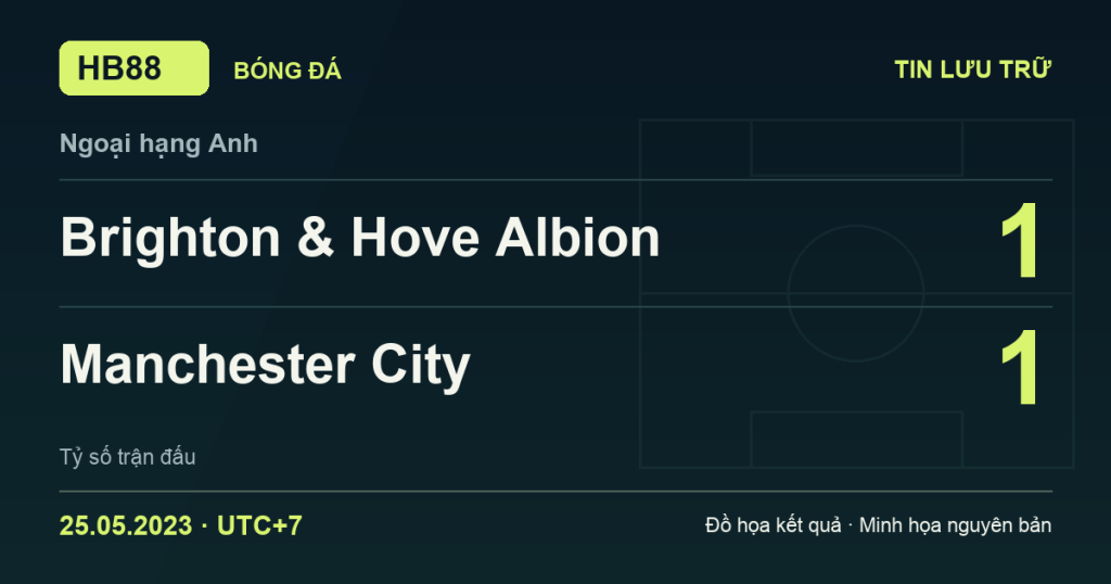 Đồ họa kết quả trận Brighton & Hove Albion 1–1 Manchester City: kết quả Ngoại hạng Anh ngày 25/05/2023 (giờ Việt Nam).