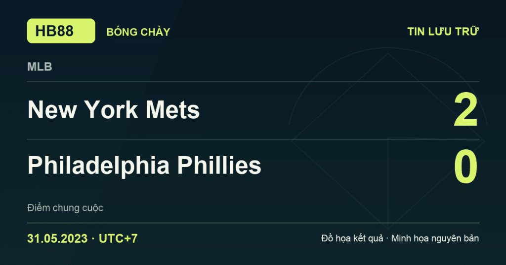 Đồ họa kết quả trận New York Mets 2–0 Philadelphia Phillies: kết quả MLB ngày 31/05/2023 (giờ Việt Nam).