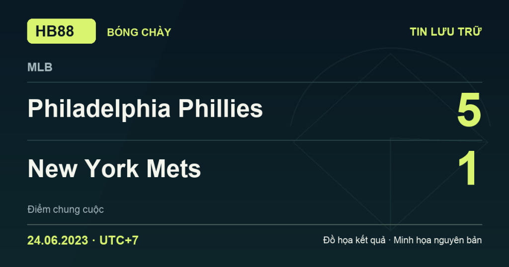 Đồ họa kết quả trận Philadelphia Phillies 5–1 New York Mets: kết quả MLB ngày 24/06/2023 (giờ Việt Nam).