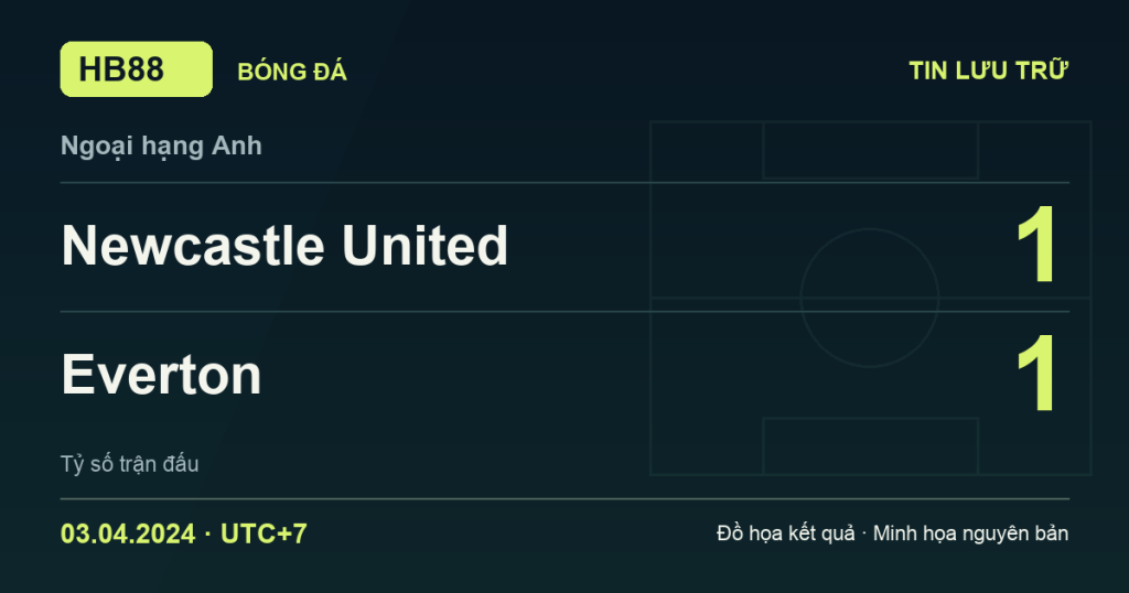 Đồ họa kết quả trận Newcastle United 1–1 Everton: kết quả Ngoại hạng Anh ngày 03/04/2024 (giờ Việt Nam).
