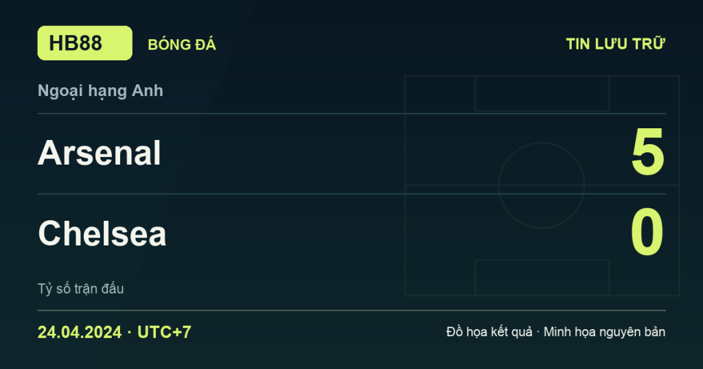 Đồ họa kết quả trận Arsenal 5–0 Chelsea: kết quả Ngoại hạng Anh ngày 24/04/2024 (giờ Việt Nam).