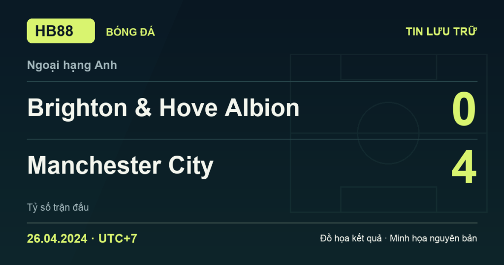 Đồ họa kết quả trận Brighton & Hove Albion 0–4 Manchester City: kết quả Ngoại hạng Anh ngày 26/04/2024 (giờ Việt Nam).