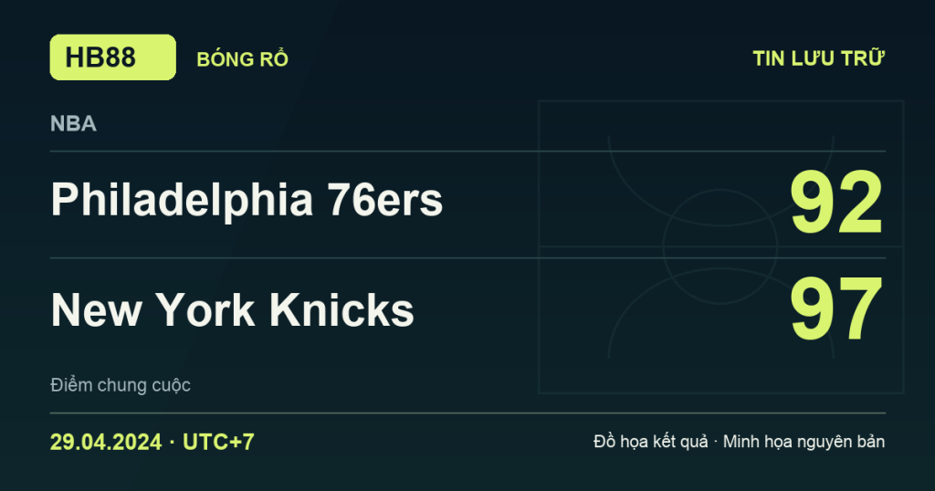 Đồ họa kết quả trận Philadelphia 76ers 92–97 New York Knicks: kết quả NBA ngày 29/04/2024 (giờ Việt Nam).