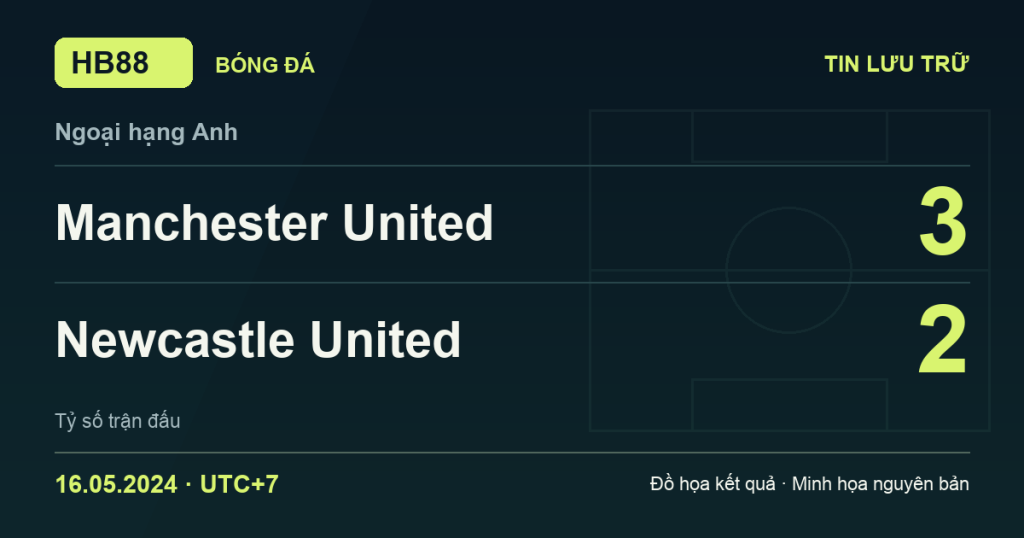 Đồ họa kết quả trận Manchester United 3–2 Newcastle United: kết quả Ngoại hạng Anh ngày 16/05/2024 (giờ Việt Nam).