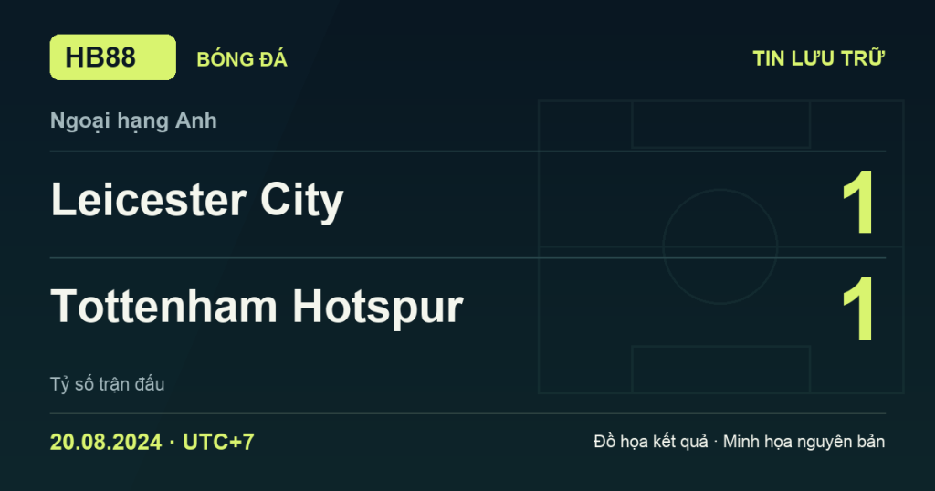 Đồ họa kết quả trận Leicester City 1–1 Tottenham Hotspur: kết quả Ngoại hạng Anh ngày 20/08/2024 (giờ Việt Nam).
