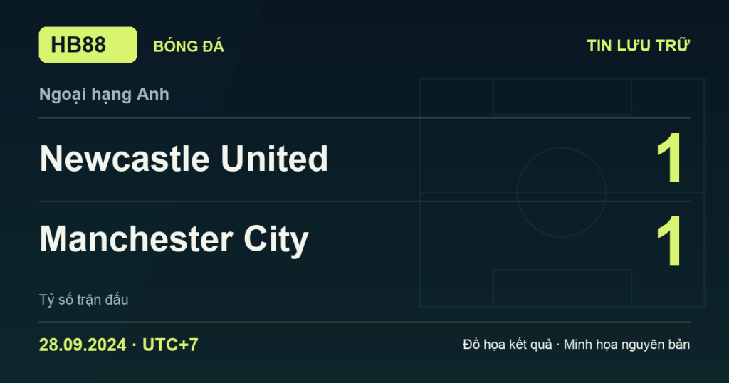 Đồ họa kết quả trận Newcastle United 1–1 Manchester City: kết quả Ngoại hạng Anh ngày 28/09/2024 (giờ Việt Nam).