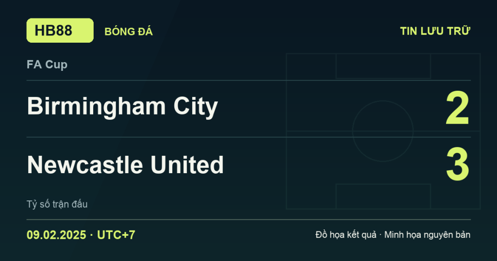 Đồ họa kết quả trận Birmingham City 2–3 Newcastle United: kết quả FA Cup ngày 09/02/2025 (giờ Việt Nam).