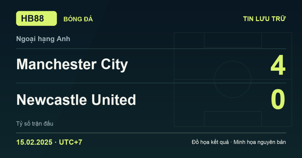 Đồ họa kết quả trận Manchester City 4–0 Newcastle United: kết quả Ngoại hạng Anh ngày 15/02/2025 (giờ Việt Nam).