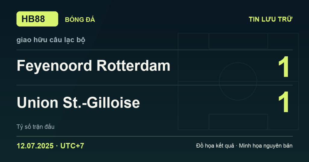 Đồ họa kết quả trận Feyenoord Rotterdam 1–1 Union St.-Gilloise: kết quả giao hữu câu lạc bộ ngày 12/07/2025 (giờ Việt Nam).