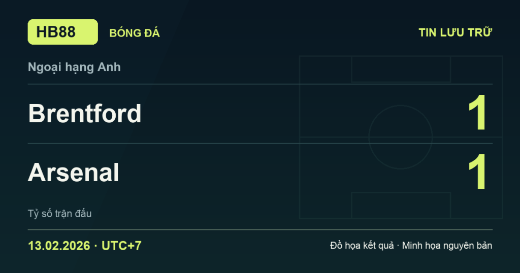 Đồ họa kết quả trận Brentford 1–1 Arsenal: kết quả Ngoại hạng Anh ngày 13/02/2026 (giờ Việt Nam).