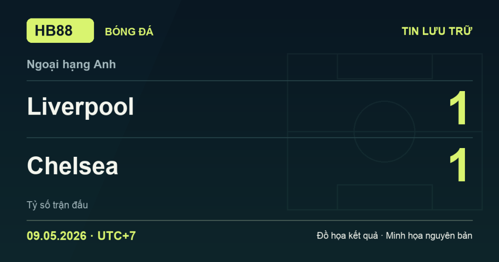 Đồ họa kết quả trận Liverpool 1–1 Chelsea: kết quả Ngoại hạng Anh ngày 09/05/2026 (giờ Việt Nam).