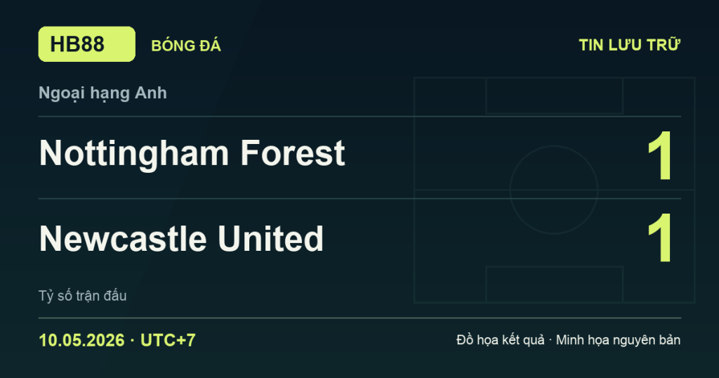 Đồ họa kết quả trận Nottingham Forest 1–1 Newcastle United: kết quả Ngoại hạng Anh ngày 10/05/2026 (giờ Việt Nam).