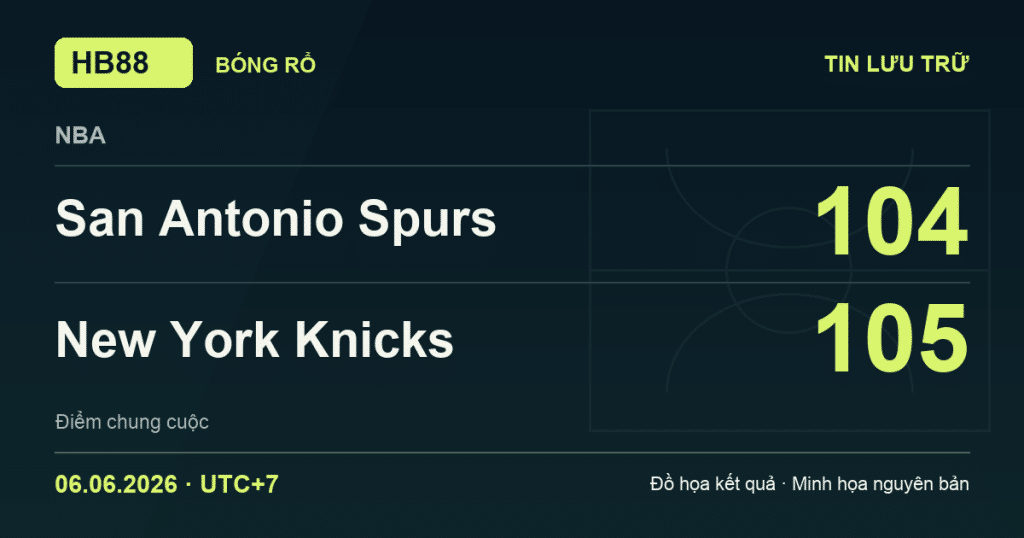 Đồ họa kết quả trận San Antonio Spurs 104–105 New York Knicks: kết quả NBA ngày 06/06/2026 (giờ Việt Nam).