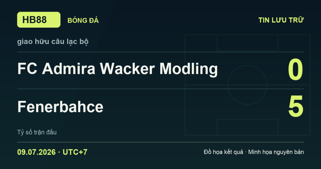 Đồ họa kết quả trận FC Admira Wacker Modling 0–5 Fenerbahce: kết quả giao hữu câu lạc bộ ngày 09/07/2026 (giờ Việt Nam).