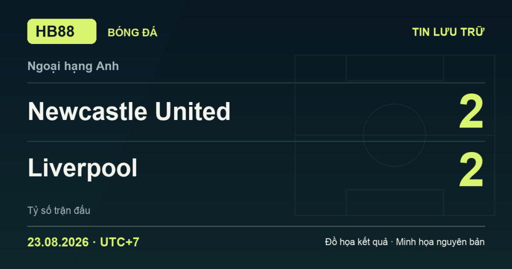 Đồ họa kết quả trận Newcastle United 2–2 Liverpool: kết quả Ngoại hạng Anh ngày 23/08/2026 (giờ Việt Nam).