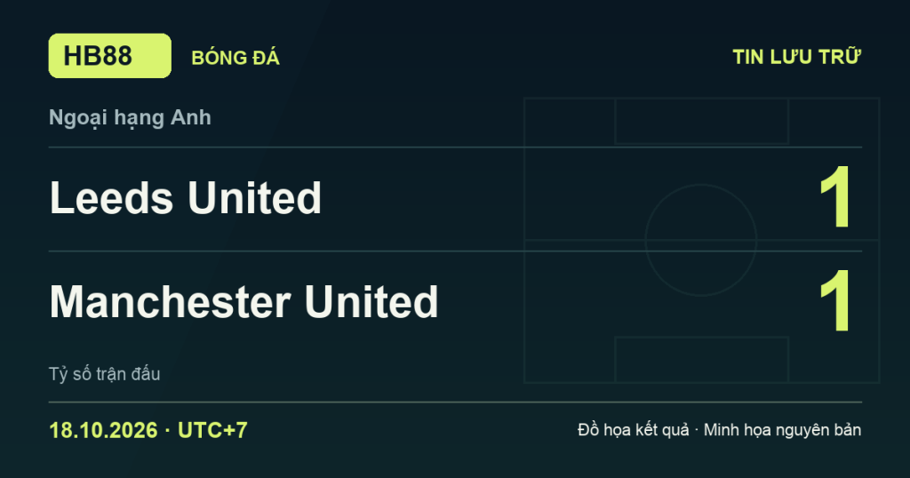 Đồ họa kết quả trận Leeds United 1–1 Manchester United: kết quả Ngoại hạng Anh ngày 18/10/2026 (giờ Việt Nam).