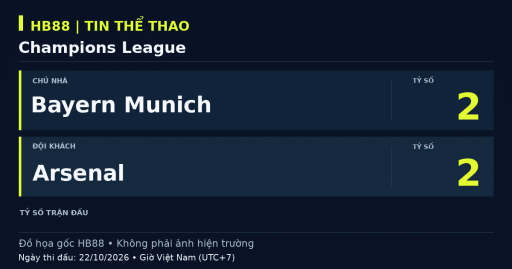 Đồ họa kết quả trận Bayern Munich 2–2 Arsenal, Champions League, 22/10/2026 (giờ Việt Nam).