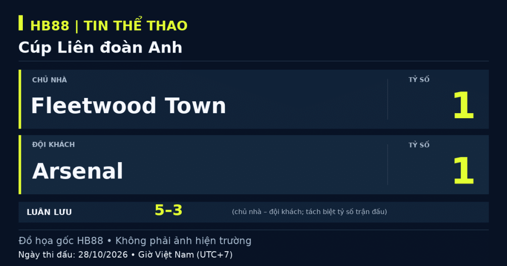 Đồ họa kết quả trận Fleetwood Town 1–1 Arsenal, Cúp Liên đoàn Anh, 28/10/2026 (giờ Việt Nam).