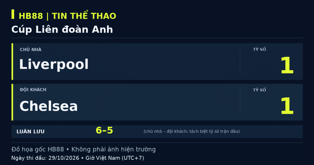 Đồ họa kết quả trận Liverpool 1–1 Chelsea, Cúp Liên đoàn Anh, 29/10/2026 (giờ Việt Nam).